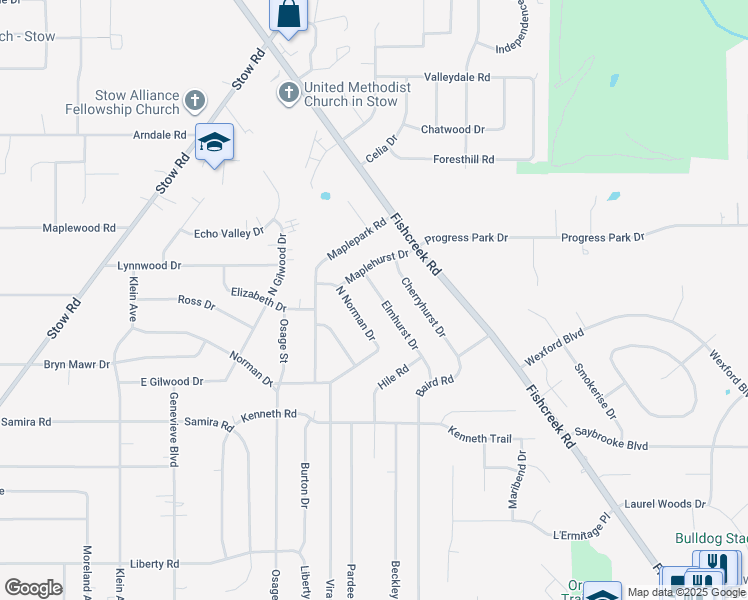 map of restaurants, bars, coffee shops, grocery stores, and more near 4372 Elmhurst Drive in Stow