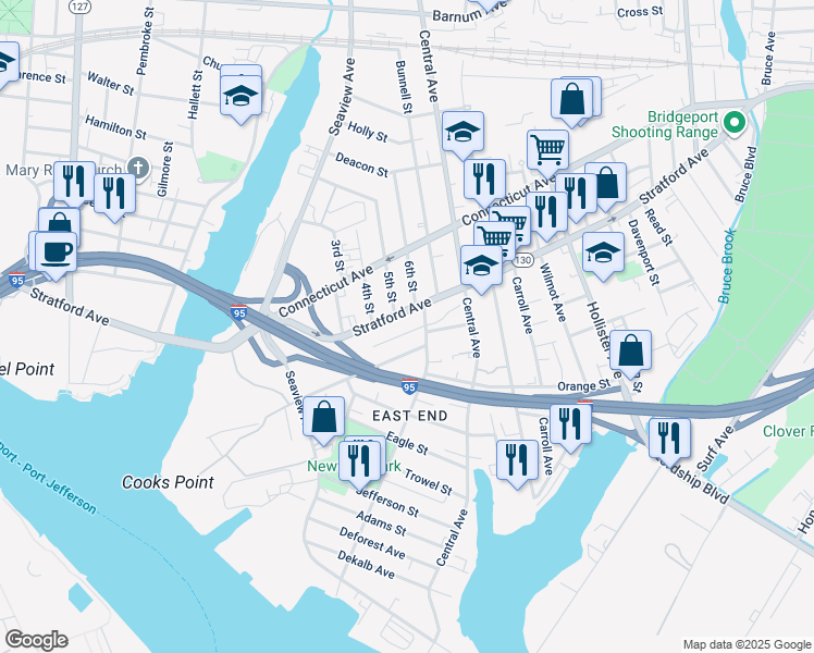 map of restaurants, bars, coffee shops, grocery stores, and more near 223 Beardsley Street in Bridgeport