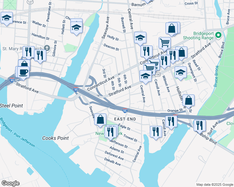 map of restaurants, bars, coffee shops, grocery stores, and more near 223 Beardsley Street in Bridgeport