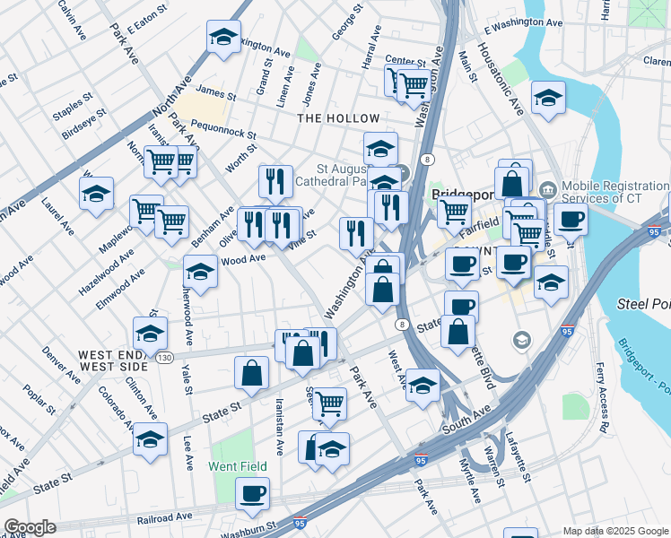 map of restaurants, bars, coffee shops, grocery stores, and more near 87 Washington Avenue in Bridgeport
