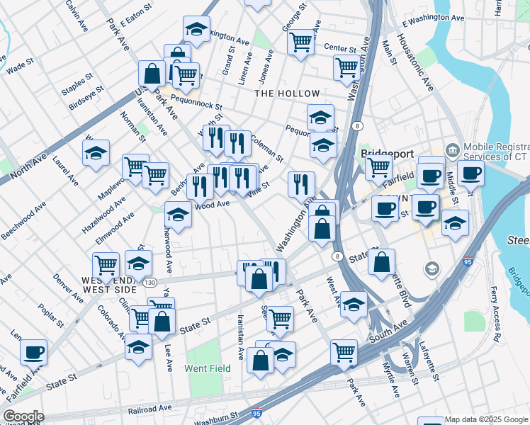 map of restaurants, bars, coffee shops, grocery stores, and more near 1131 Park Avenue in Bridgeport