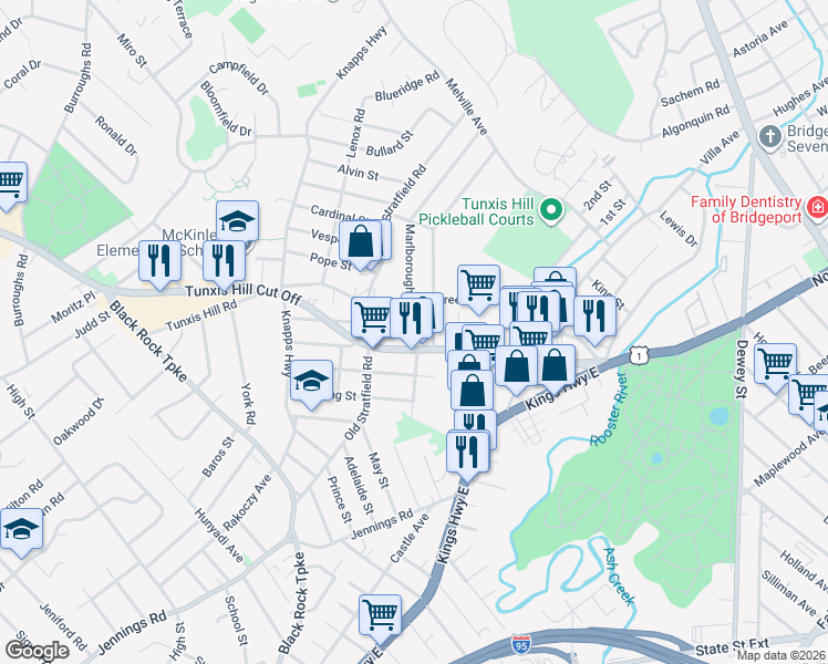 map of restaurants, bars, coffee shops, grocery stores, and more near 467 Tunxis Hill Road in Fairfield