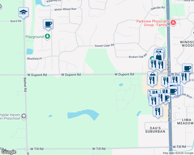 map of restaurants, bars, coffee shops, grocery stores, and more near 2517 West Dupont Road in Fort Wayne
