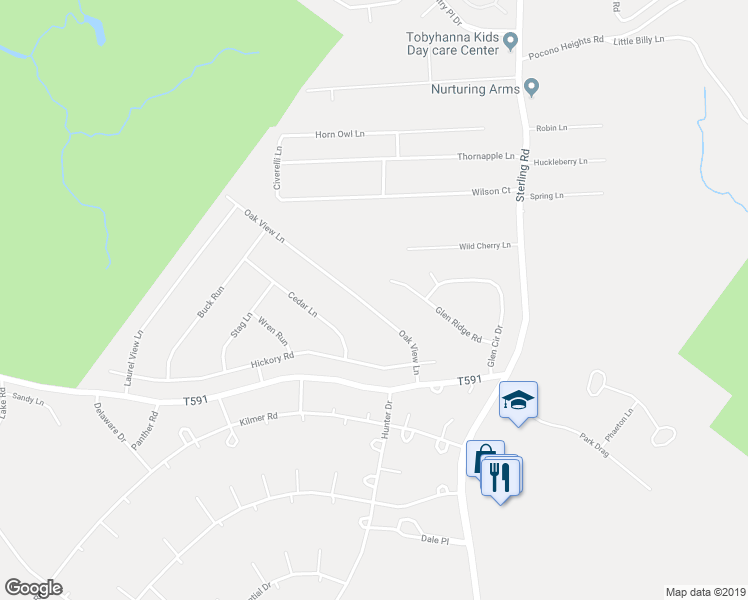 map of restaurants, bars, coffee shops, grocery stores, and more near 2833 Oak View Lane in Tobyhanna