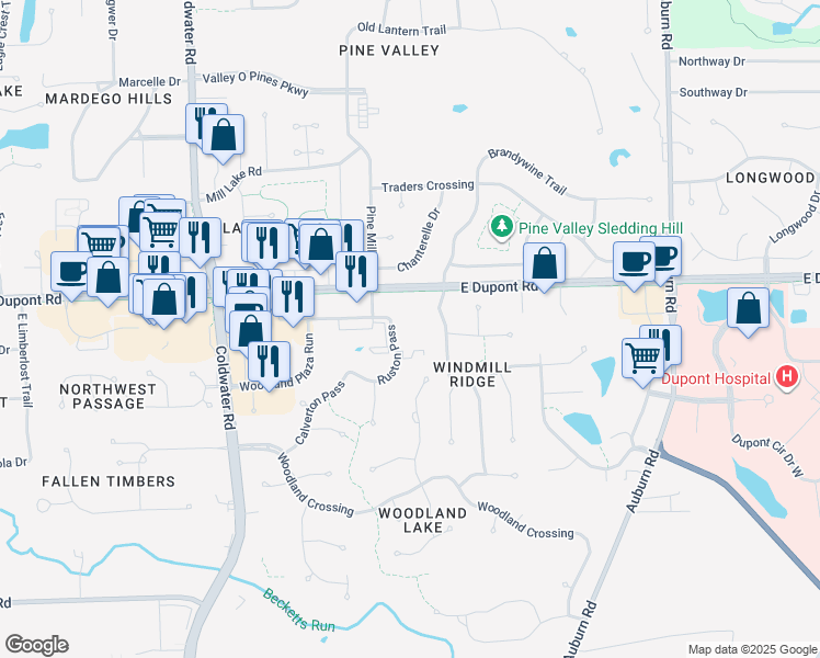 map of restaurants, bars, coffee shops, grocery stores, and more near 1230 Ruston Pass in Fort Wayne