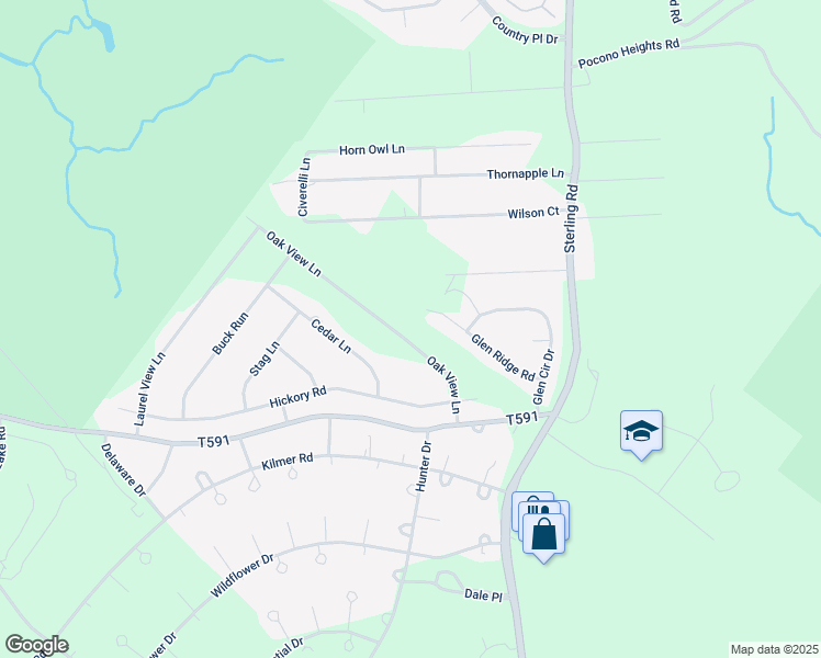 map of restaurants, bars, coffee shops, grocery stores, and more near 2833 Oak View Lane in Tobyhanna