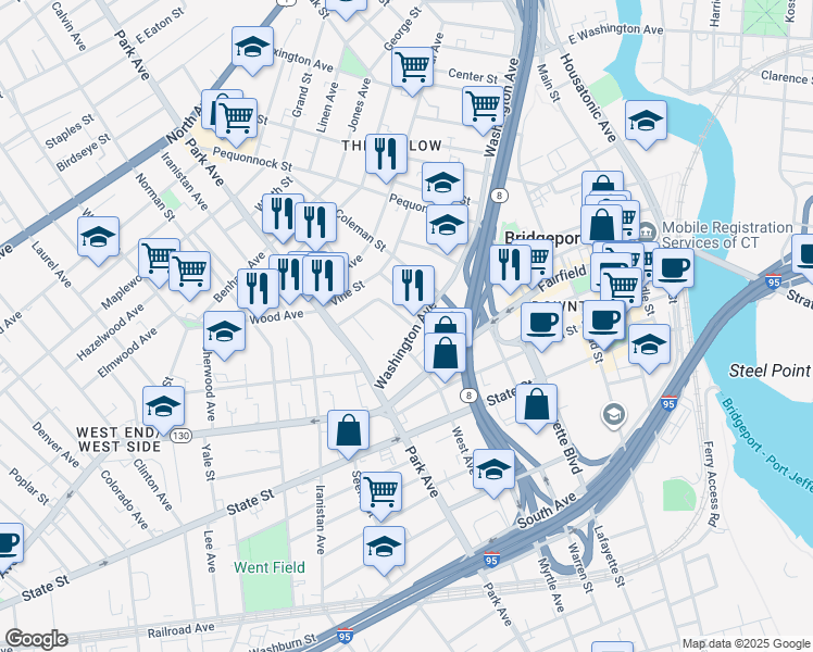 map of restaurants, bars, coffee shops, grocery stores, and more near 135 Washington Avenue in Bridgeport