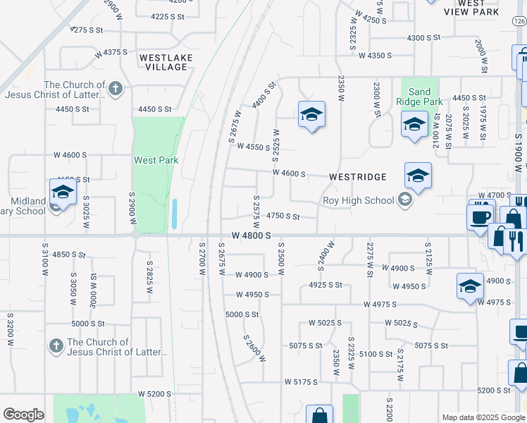 map of restaurants, bars, coffee shops, grocery stores, and more near 2550 West 4750 South in Roy