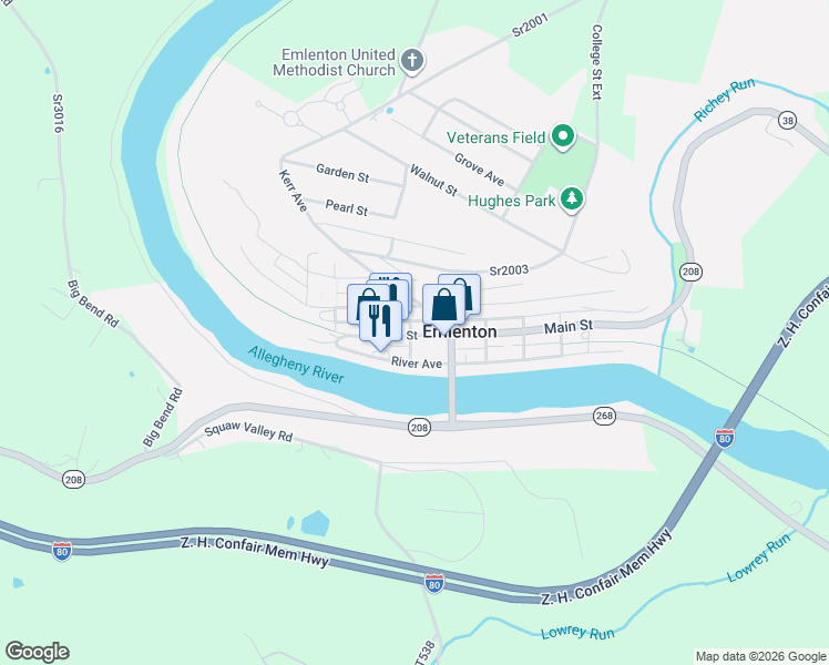 map of restaurants, bars, coffee shops, grocery stores, and more near 601 Hill Street in Emlenton