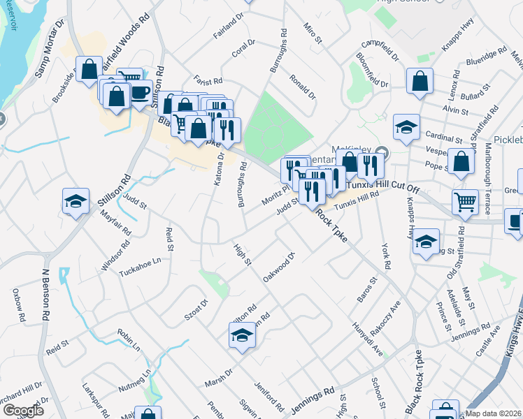 map of restaurants, bars, coffee shops, grocery stores, and more near 106 Moritz Place in Fairfield