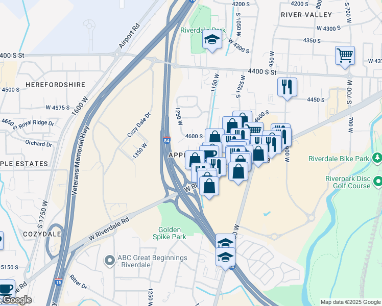 map of restaurants, bars, coffee shops, grocery stores, and more near 1232 4700 South in Riverdale