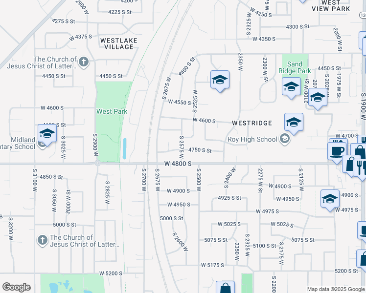 map of restaurants, bars, coffee shops, grocery stores, and more near 2605 4650 South Street in Roy