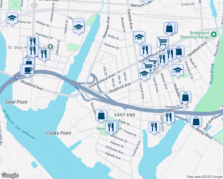 map of restaurants, bars, coffee shops, grocery stores, and more near 76 Baldwin Street in Bridgeport