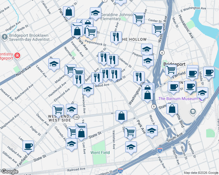 map of restaurants, bars, coffee shops, grocery stores, and more near 1269 Park Avenue in Bridgeport