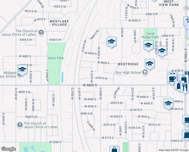 map of restaurants, bars, coffee shops, grocery stores, and more near 2550 West 4750 South in Roy