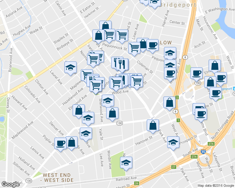 map of restaurants, bars, coffee shops, grocery stores, and more near 121 Wood Avenue in Bridgeport