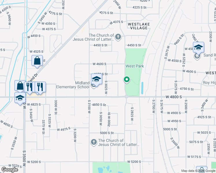 map of restaurants, bars, coffee shops, grocery stores, and more near 3022 West 4750 South in Roy