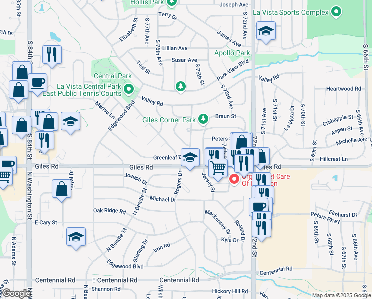map of restaurants, bars, coffee shops, grocery stores, and more near 7718 Meadow Lane in La Vista