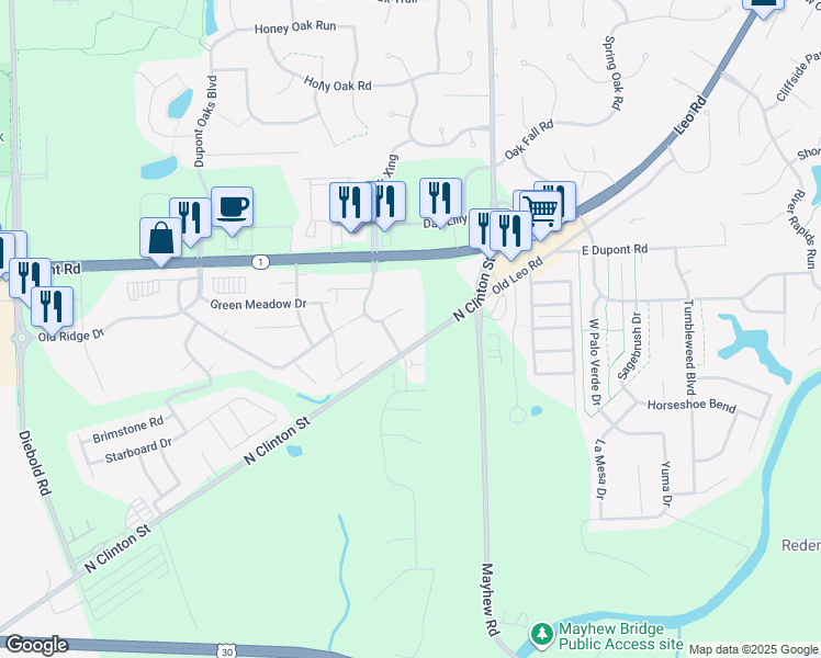 map of restaurants, bars, coffee shops, grocery stores, and more near 2510 Southern Hills Drive in Fort Wayne