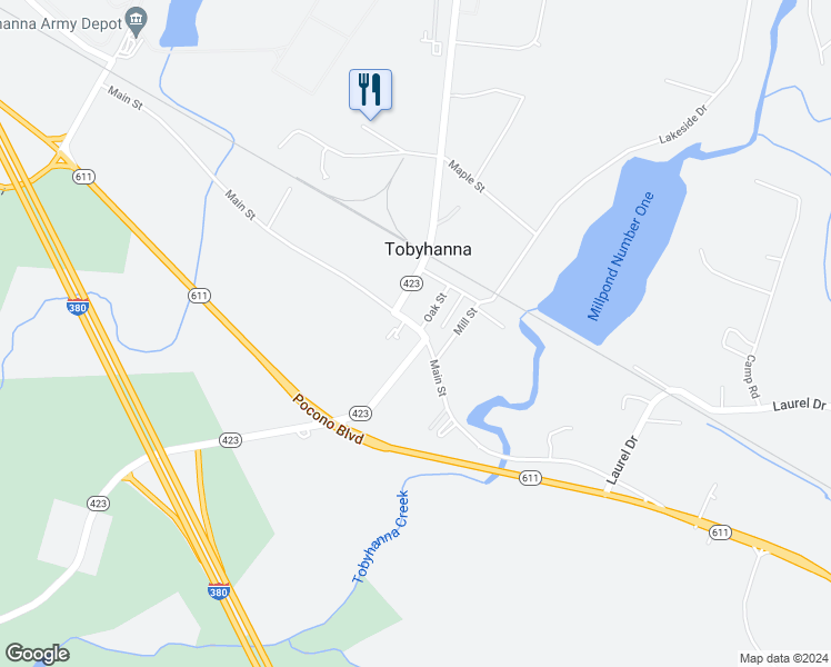 map of restaurants, bars, coffee shops, grocery stores, and more near 651 Main Street in Tobyhanna