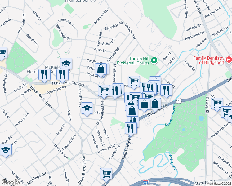map of restaurants, bars, coffee shops, grocery stores, and more near 361 Greenfield Street in Fairfield