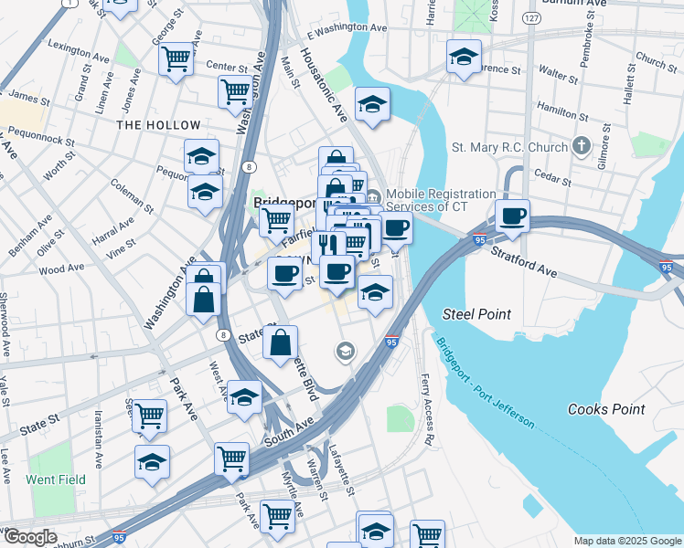 map of restaurants, bars, coffee shops, grocery stores, and more near 991 Main Street in Bridgeport