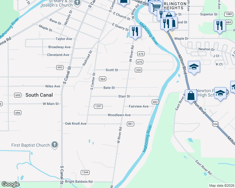map of restaurants, bars, coffee shops, grocery stores, and more near in Newton Falls