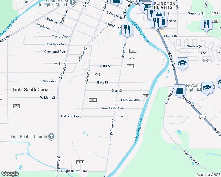 map of restaurants, bars, coffee shops, grocery stores, and more near in Newton Falls