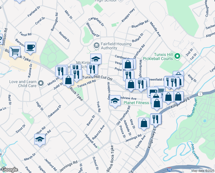 map of restaurants, bars, coffee shops, grocery stores, and more near 662 Knapps Highway in Fairfield