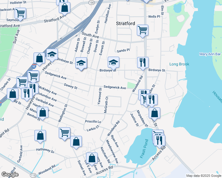 map of restaurants, bars, coffee shops, grocery stores, and more near 560 Sedgewick Avenue in Stratford