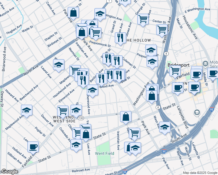 map of restaurants, bars, coffee shops, grocery stores, and more near 1301 Iranistan Avenue in Bridgeport