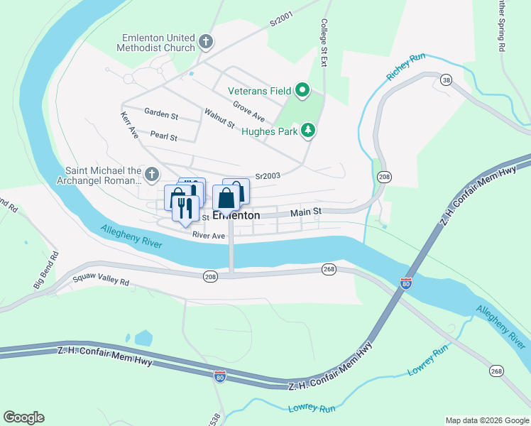 map of restaurants, bars, coffee shops, grocery stores, and more near 205-309 Hill Street in Emlenton