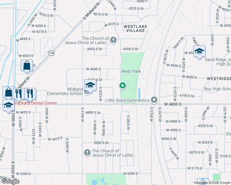 map of restaurants, bars, coffee shops, grocery stores, and more near 4704 South 2950 West in Roy