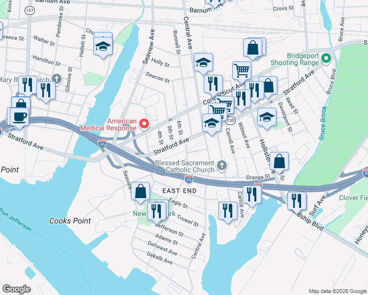 map of restaurants, bars, coffee shops, grocery stores, and more near 1157 Stratford Avenue in Bridgeport