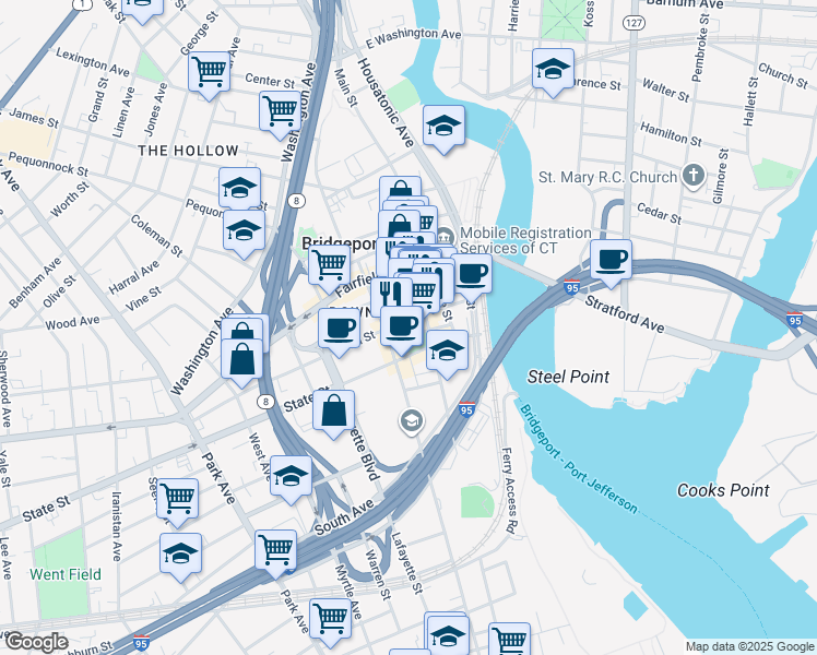 map of restaurants, bars, coffee shops, grocery stores, and more near 991 Main Street in Bridgeport
