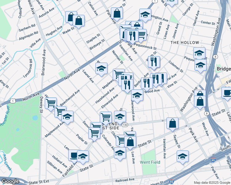 map of restaurants, bars, coffee shops, grocery stores, and more near 365 Wood Avenue in Bridgeport