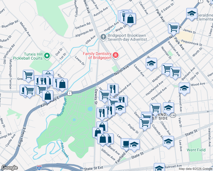 map of restaurants, bars, coffee shops, grocery stores, and more near 2403 North Avenue in Bridgeport