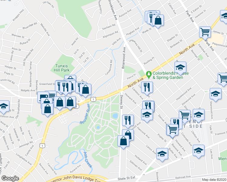 map of restaurants, bars, coffee shops, grocery stores, and more near 25 Cartright Street in Bridgeport
