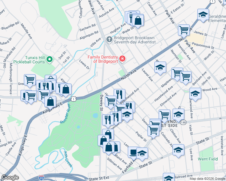 map of restaurants, bars, coffee shops, grocery stores, and more near 2403 North Avenue in Bridgeport