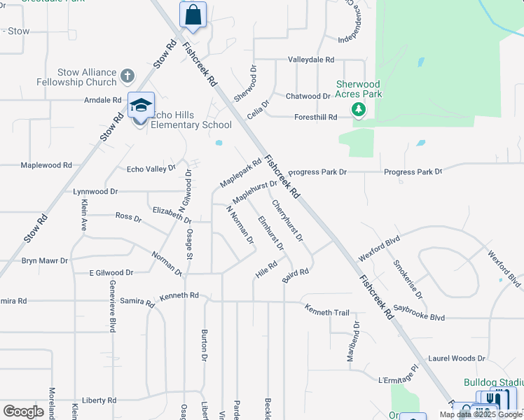 map of restaurants, bars, coffee shops, grocery stores, and more near 4371 Elmhurst Drive in Stow