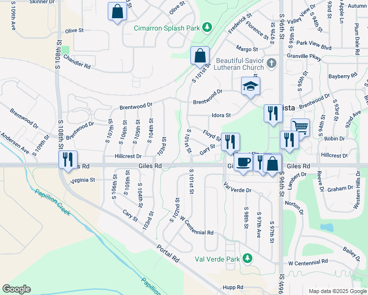 map of restaurants, bars, coffee shops, grocery stores, and more near 8200 South 101st Street in La Vista