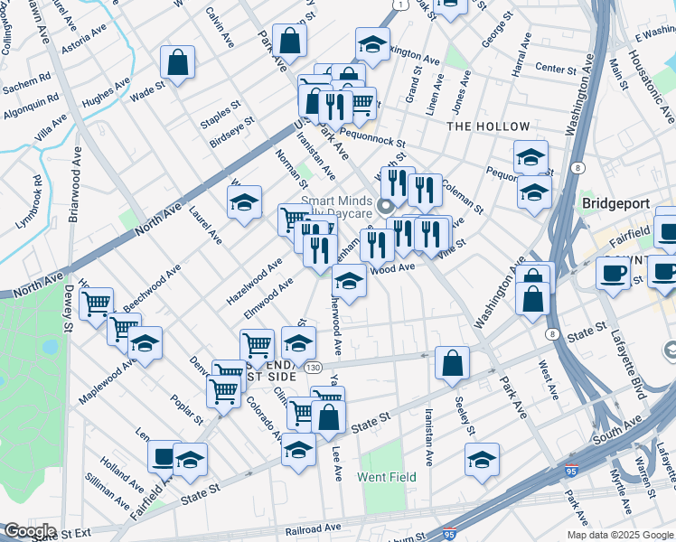 map of restaurants, bars, coffee shops, grocery stores, and more near 238 Wood Avenue in Bridgeport