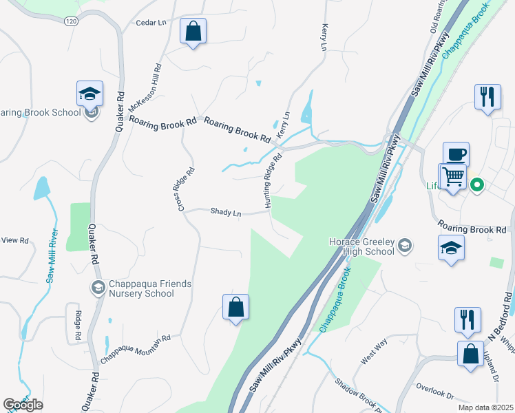map of restaurants, bars, coffee shops, grocery stores, and more near 33 Shady Lane in Chappaqua