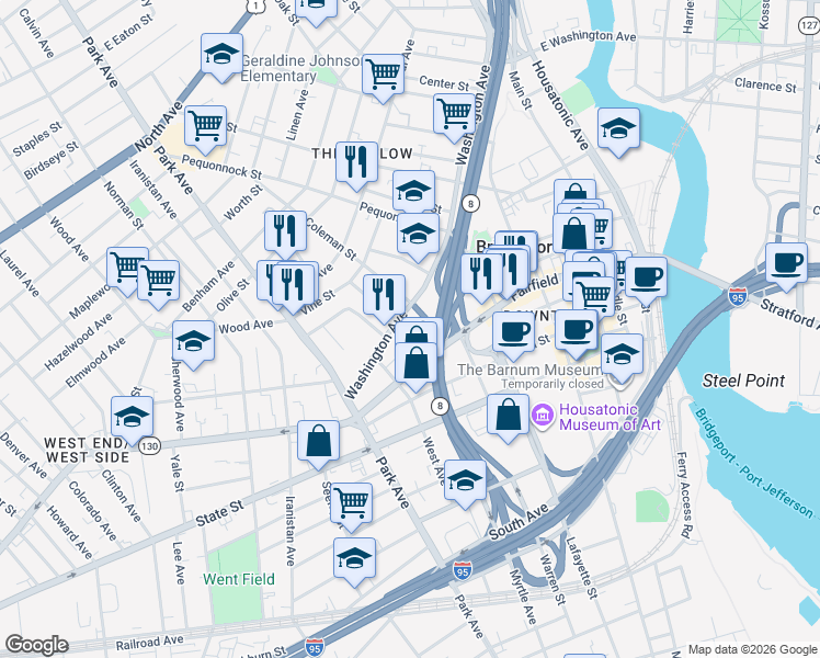 map of restaurants, bars, coffee shops, grocery stores, and more near 210 Washington Avenue in Bridgeport