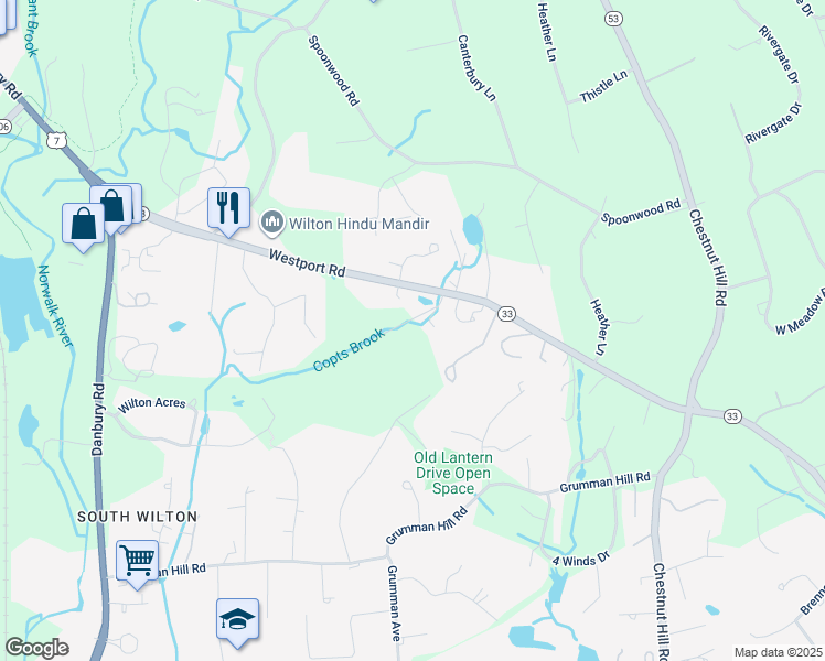 map of restaurants, bars, coffee shops, grocery stores, and more near 123 Westport Road in Wilton