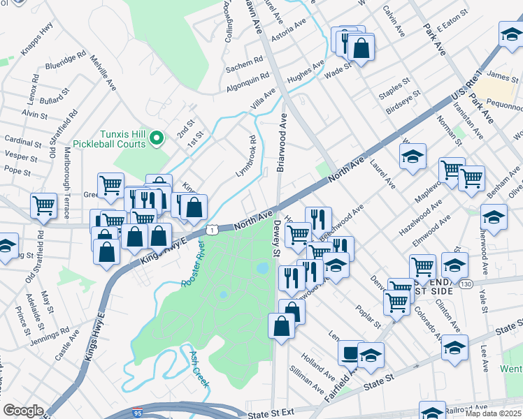 map of restaurants, bars, coffee shops, grocery stores, and more near 25 Cartright Street in Bridgeport