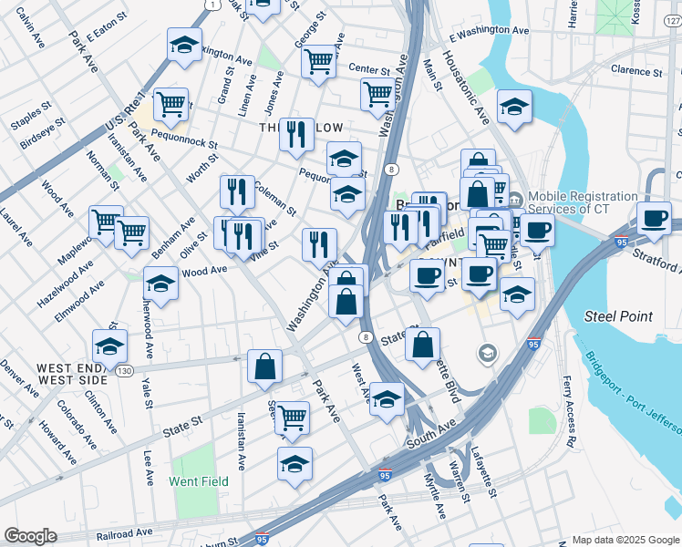 map of restaurants, bars, coffee shops, grocery stores, and more near 210 Washington Avenue in Bridgeport