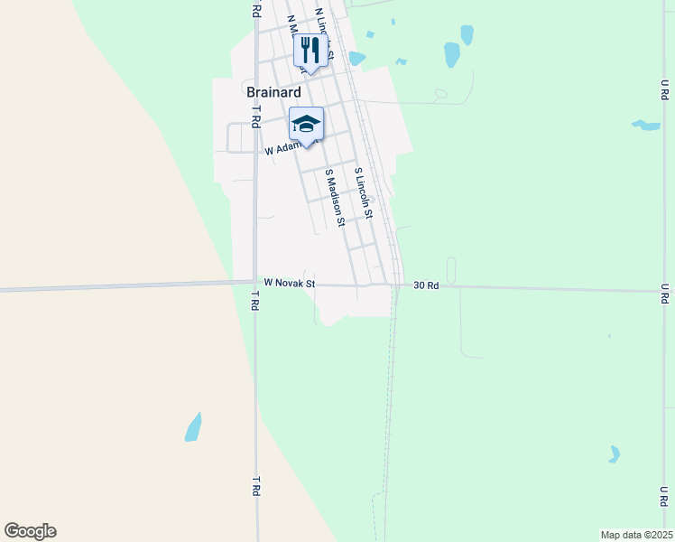 map of restaurants, bars, coffee shops, grocery stores, and more near 604 South Madison Street in Brainard