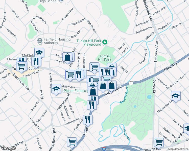 map of restaurants, bars, coffee shops, grocery stores, and more near 290 Tunxis Hill Road in Fairfield