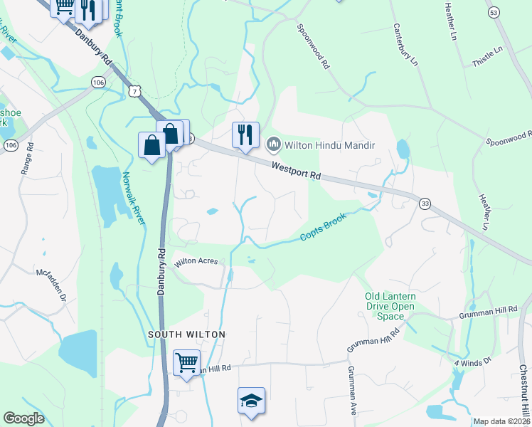 map of restaurants, bars, coffee shops, grocery stores, and more near 39 Clover Drive in Wilton